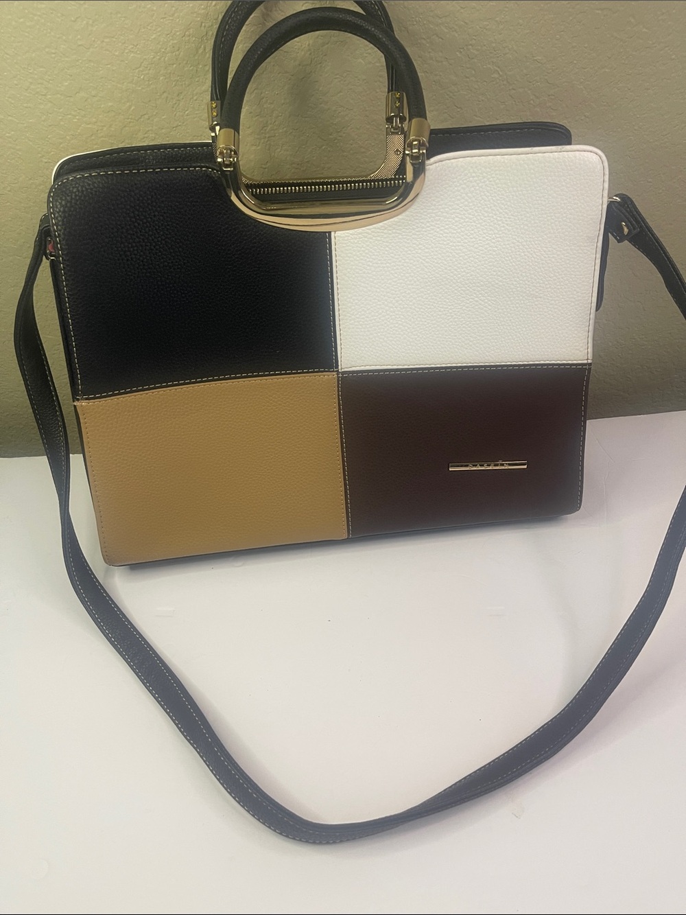 Colorblock Leatherette Shoulder Bag - Black, White, Tan, Brown